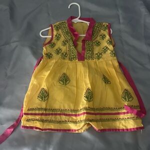 Charming Yellow and Pink Embroidered Kids Dress